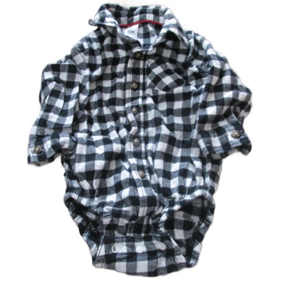 Carters Button‎ Front Onesie Dress Shirt Boys 12M Black White Check Long Sleeve - Picture 1 of 6